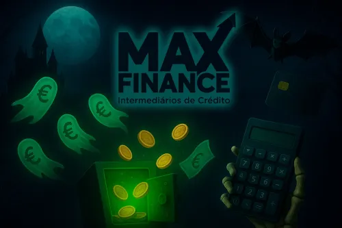 Ilustração temática de Halloween da MaxFinance, com o logótipo da empresa “MaxFinance — Intermediários de Crédito”. A imagem mostra notas em forma de fantasmas com símbolo do euro, moedas douradas a sair de um cofre, uma mão esquelética a segurar uma calculadora e um morcego a voar sob uma lua cheia, evocando humor e criatividade financeira.